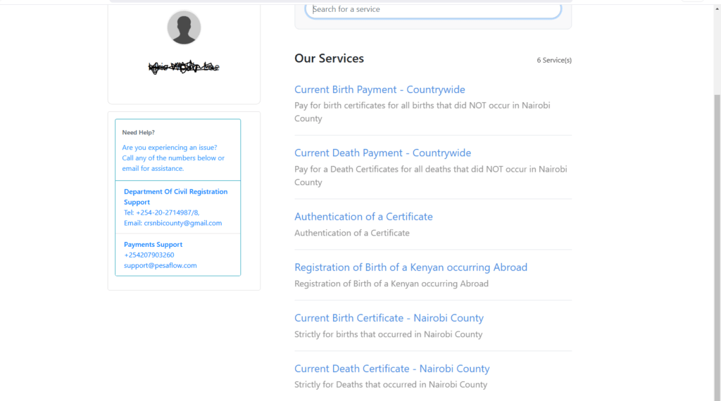 Civil Registration services Dashboard Step Replace Birth Certificate