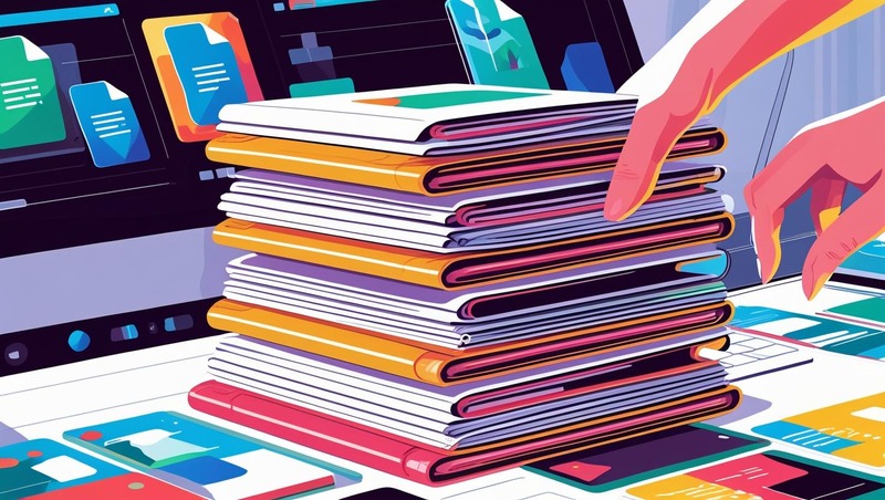 A detailed close-up illustration showing a stack of files being reordered on a digital desktop, with file icons clearly visible and distinct, rendered in a clean, modern style with a bright, well-lit background, using a vibrant color palette.