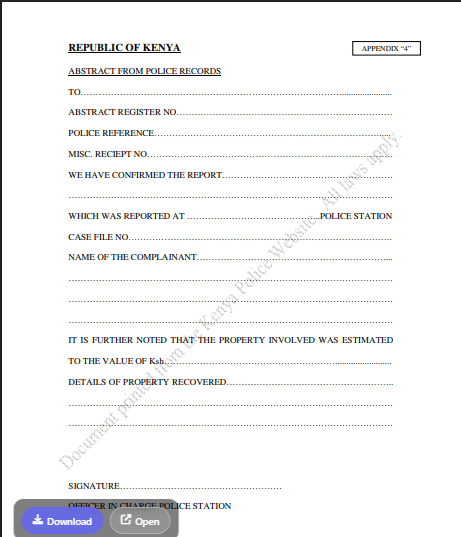 Download Police Abstract Form for Lost Items in PDF